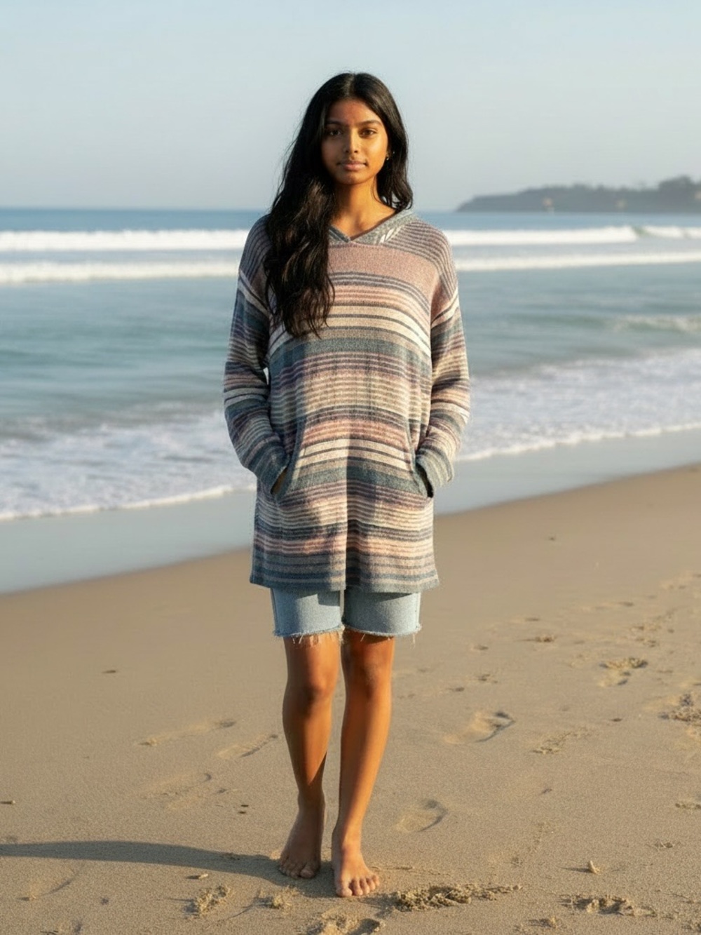 Show me your mumu Striped V-Neck Beach Hoodie Sweater in Pastel Multi XS